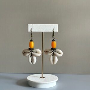Boho Cowrie Shell Drop Earrings with Yellow Bead | Festival Style